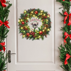 Christmas ball wreath wall decal with pine needles and red bows on a white door