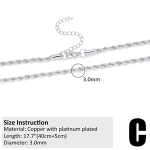Detail of 3mm silver rope chain necklace with size specifications and 18k white gold plating