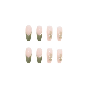 Sage green and nude pink almond press-on nails with white 3D flowers and pearls