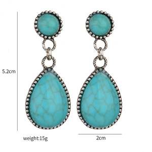 Detailed view of turquoise teardrop earrings with dimensions 5.2cm height and 2cm width
