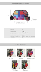 Detailed size chart and multi-color options for the geometric patchwork crossbody bag