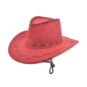 Detail of dark red faux suede cowboy hat featuring black hand-stitched leather seams