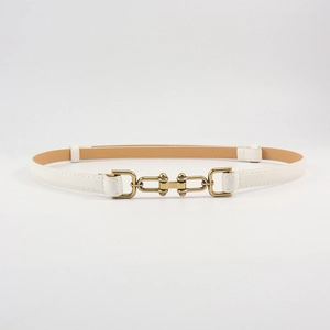Detail of white PU leather belt featuring a vintage gold horsebit buckle for blazers