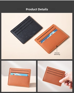 Detail of slim PU leather card holders with lychee texture and precision stitching