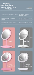Detail specifications of LED makeup mirror showing dimensions and triple light modes