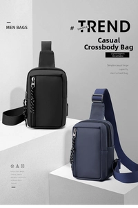 Detail view of black and navy water-resistant nylon chest bags on minimalist display blocks