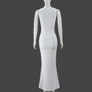 Detail view of the sleek white sleeveless mermaid dress showing the elegant back fishtail cut