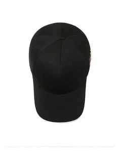 Detail of Chinese style black mesh baseball cap with red traditional embroidery