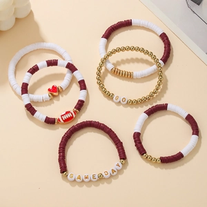 Set of 6 wine red and gold elastic beaded bracelets featuring football and heart charms