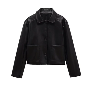 Women's black faux leather short jacket with large buttons and pockets on white background