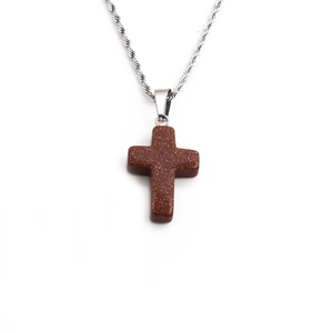 Glittering brown crystal cross pendant with silver twisted rope chain necklace