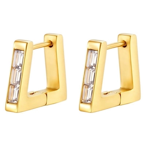 Minimalist square gold hoop earrings featuring vertically set clear rectangular zircons
