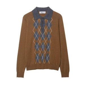 Argyle Pattern Knitted Sweater Polo Neck Long Sleeve Pullover Retro Preppy Style For Women