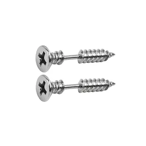 Detailed view of stainless steel screw head stud earrings with industrial cross design