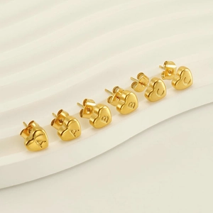 18K gold plated stainless steel heart stud earrings with engraved A B C letters