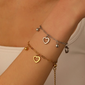 Heart Charm Bracelet 18K Gold Plated Stainless Steel Hollow Hearts Beads Paperclip Link Chain Adjustable Fashion Jewelry For Women