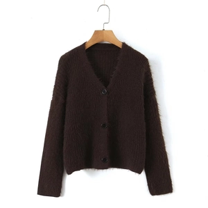 Women's dark brown V-neck mohair knit cardigan with buttons on a wooden hanger