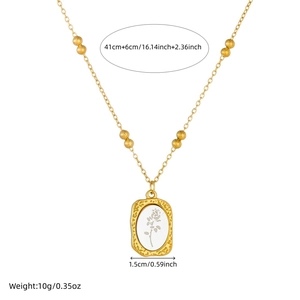 Vintage gold-plated stainless steel necklace with white rose relief rectangular pendant