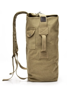 Khaki canvas cylindrical travel backpack with padded straps and side handle on white background