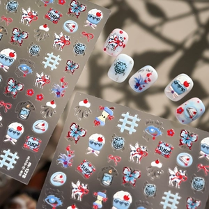 3D embossed nail stickers M1278 with blue and white cartoon deer and dessert patterns