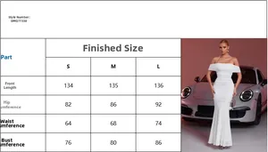 Size guide for white off-shoulder evening dress showing bust, waist, and hip measurements