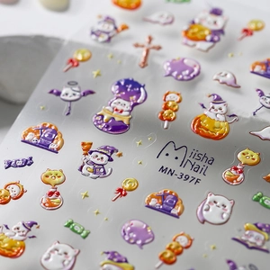 5D embossed Halloween nail stickers with 3D cat and pumpkin designs MN-397F