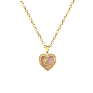 Luxurious gold stainless steel heart necklace with pink inlay and floral diamond pendant
