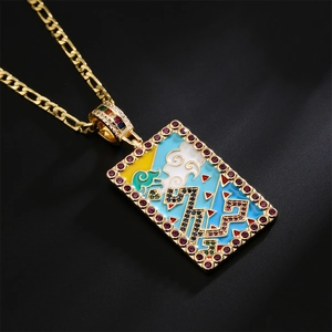 Retro 18K gold plated necklace with colorful enamel oil painting pendant and zircon stones