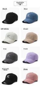 Detailed grid showing 8 colors of cotton baseball caps with embroidered K letter logo