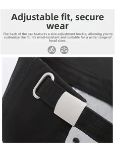 Close-up of the metal sliding buckle for adjustable sizing on a black baseball cap