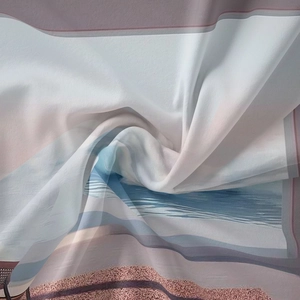 Detail of soft beach landscape print on lightweight translucent tapestry fabric