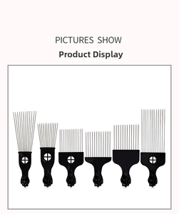 Detail view of professional six-piece stainless steel afro picks with plastic handles