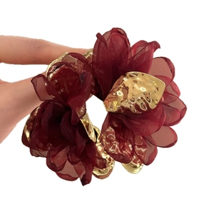 Elegant wine red chiffon flower earrings with irregular gold metallic accents for women
