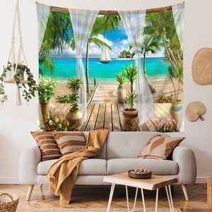 Detailed macro view of tropical beach landscape tapestry with vivid palm trees and ocean