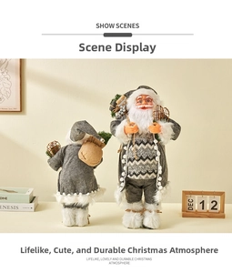 Detail of Nordic Santa Claus doll with striped knit hat, golden glasses, and gift bag
