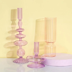 Vasi in vetro a coste rosa e arancione per portacandele e decorazioni da tavolo