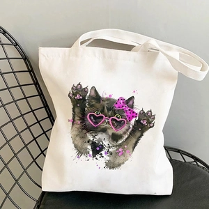 Süße weiße Segeltuchtasche mit Cartoon-Schwarzkatze, rosa Brille und Schleife für Damen