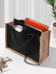 Spacious jute and black canvas tote bag interior showing capacity for water bottle and books