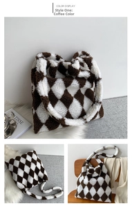 Close-up of coffee and white checkered plush tote bag with soft faux fur texture