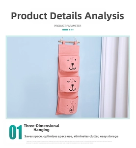 Detail of pink 3-tier wall-mounted canvas storage bag with cute animal face print