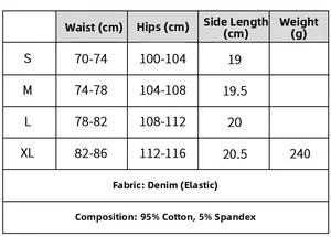 Tabella taglie dettagliata per pantaloncini di jeans a vita alta con misure in centimetri