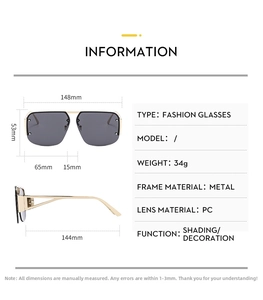 Detailed size chart for metal half-frame sunglasses with precise measurements and specs