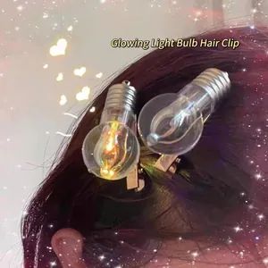 Creative glowing light bulb hair clips on purple hair with silver metal duckbill clamps