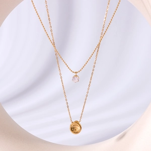 Double-layered 18k gold plated necklace with zircon pendant and sphere chain beads