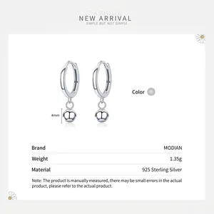 Polished S925 sterling silver hoop earrings with 4mm bead pendants for women