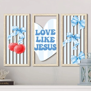 Three-piece wooden wall decor set with blue bows, cherries, and 'Love Like Jesus' heart art