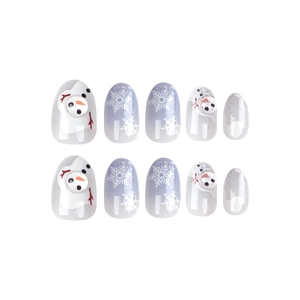 Winter Christmas press-on nails set with blue ombré, 3D snowman, and white snowflakes