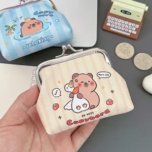 Portable Capybara cartoon coin purse with metal clasp closure in blue and beige stripes