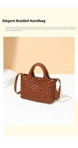 Detailed view of brown woven leather tote with wide texture and rounded double handles