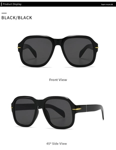 Front and 45-degree views of square flat top sunglasses with gold arrow hinges